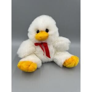 Vintage White Chicken Hen 9.5” Stuffed Animal W/ Red Ribbon King Plush